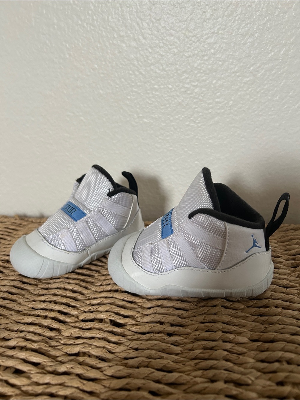 Nike Air Jordan 11 White and Black Baby Crib Walker Shoes with Blue Logo